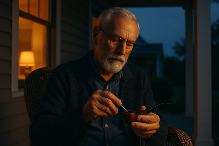 Elderly man with gray beard and glasses tamping tobacco into a pipe on his porch at dusk.